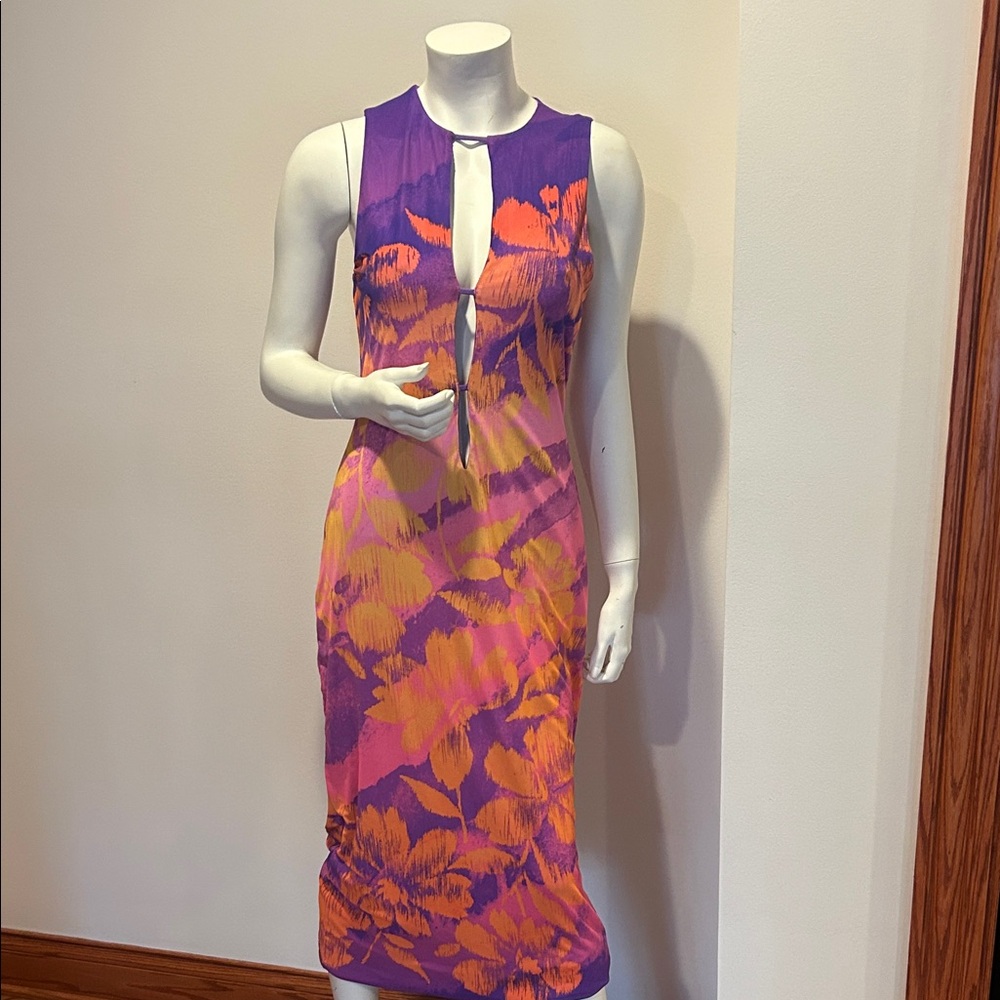 Vibrant Purple and Orange Floral Dress with plunging neckline